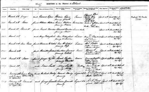 sample page of birth records from Tasmania