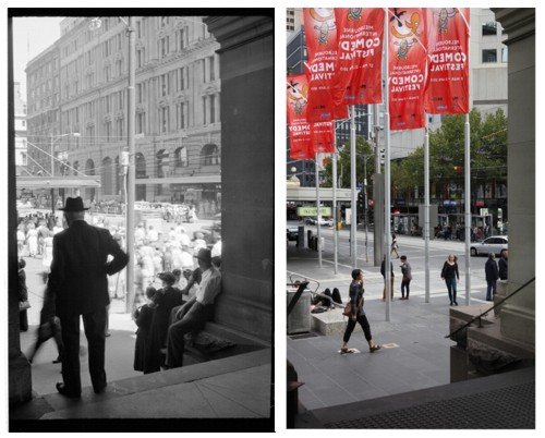 then (1950s) and now (2013) image of a scene in Melbourne