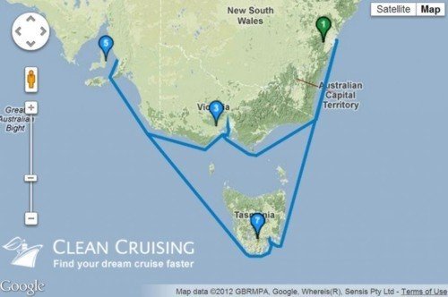map showing where our cruise will be going<br>Sydney > Melbourne > Adelaide > Hobart > Sydney