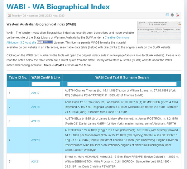 a few sample WA Biographical Index entries as shown on the WAGS website